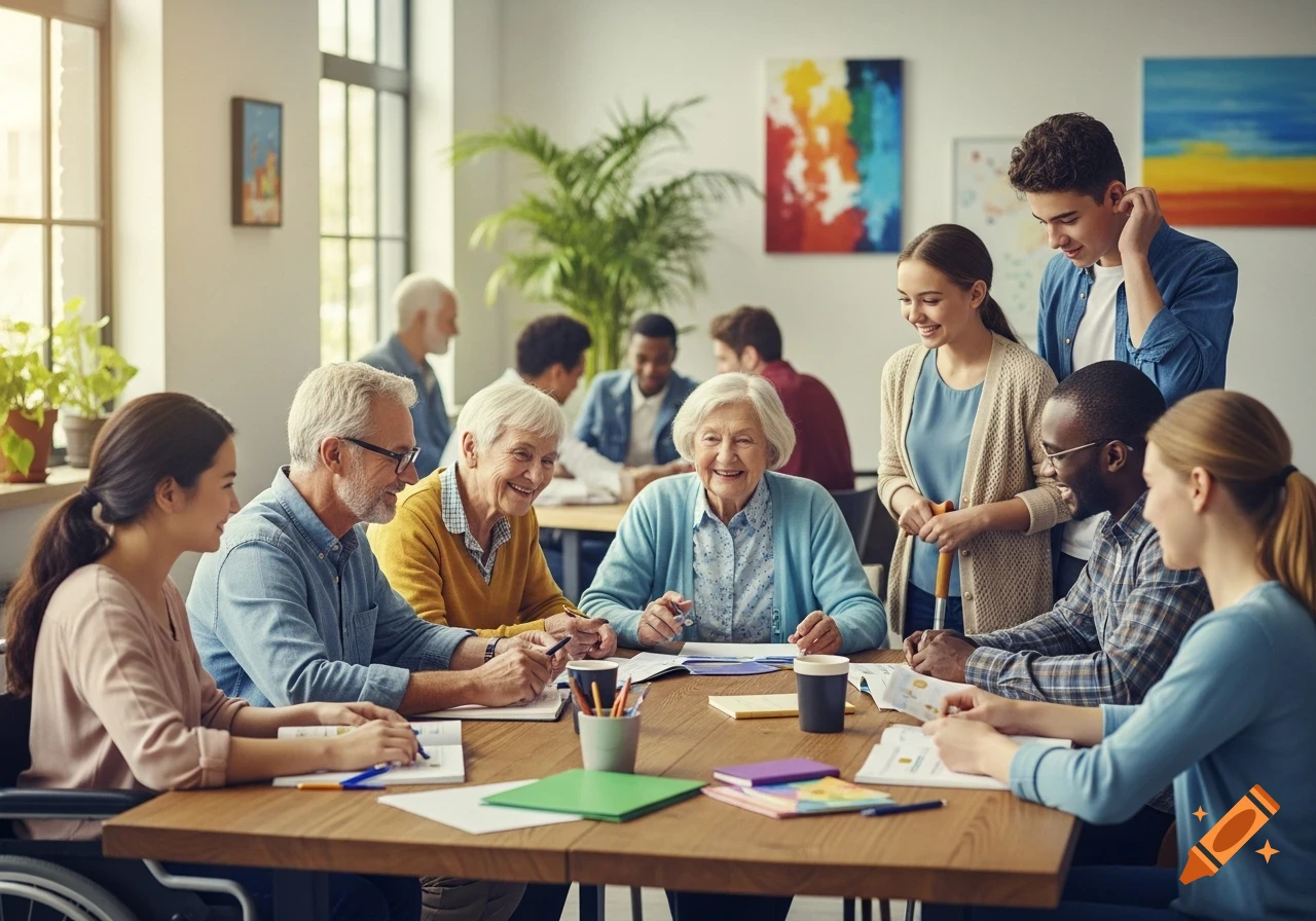 A diverse group of smiling people of different ages and backgrounds, including someone in a wheelchair, collaborate at a large wooden table in a sunny room.