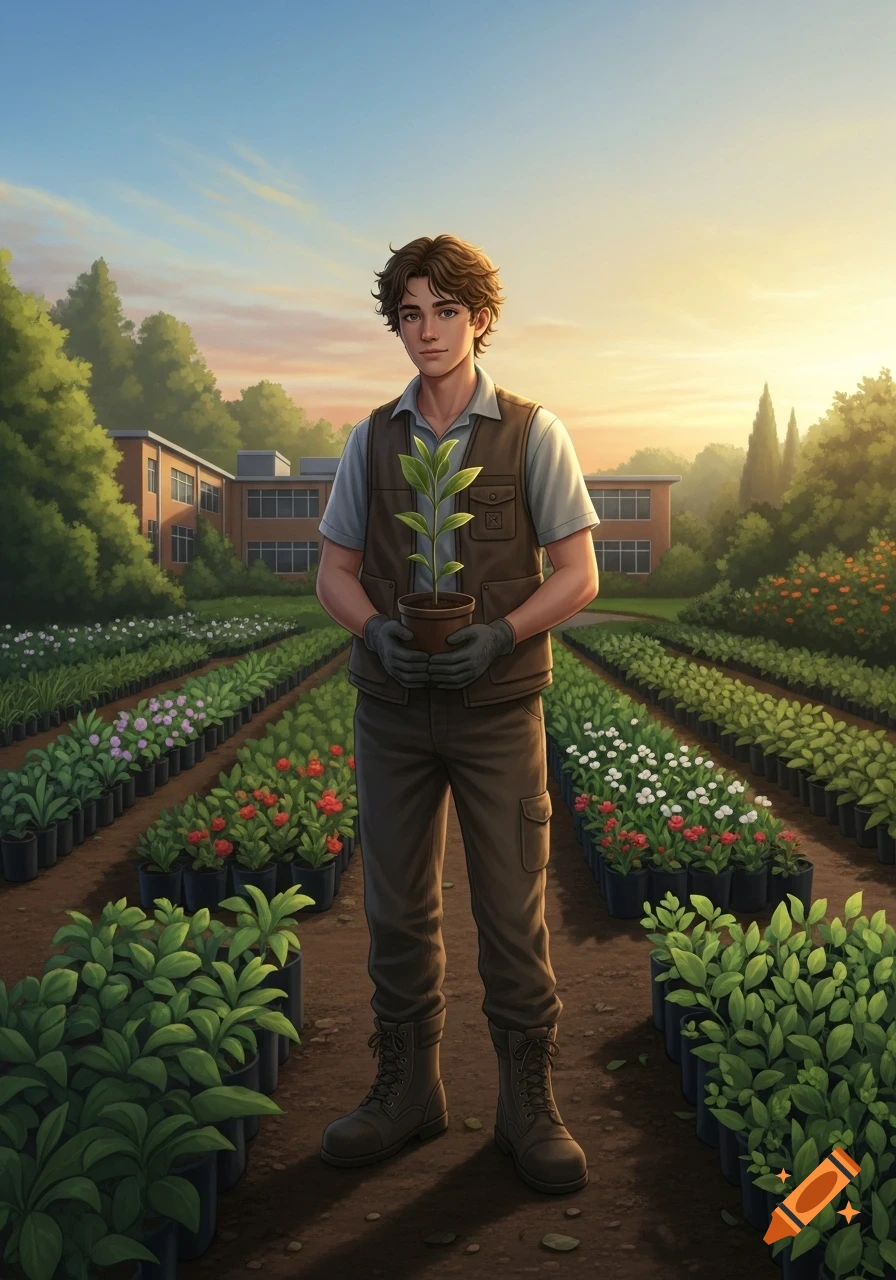 A young man in a vest and gloves stands in a plant nursery, holding a potted seedling, in an anime style.