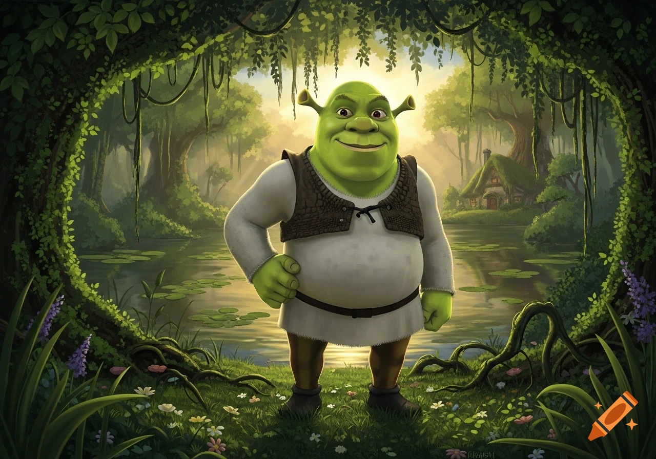 An illustration of Shrek standing in a lush, green swamp surrounded by trees, lily pads on the water, and a small cottage in the background.