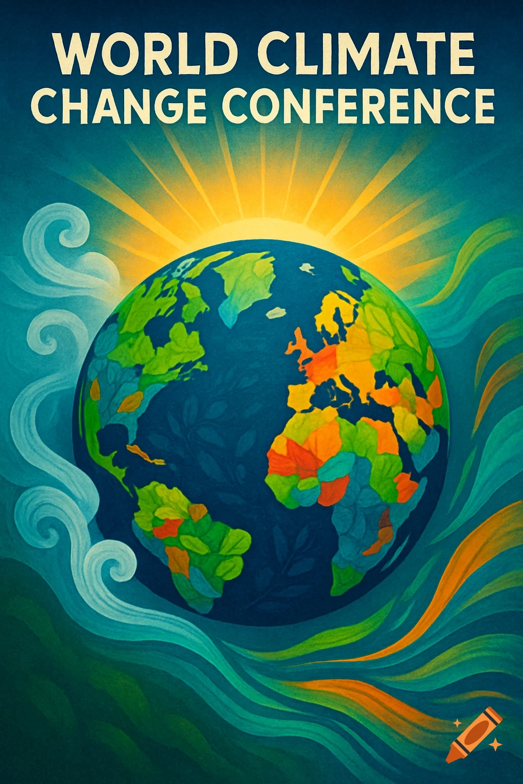 Stylized poster for 'WORLD CLIMATE CHANGE CONFERENCE' featuring a colorful globe, bright sun, and swirling blue-green waves.
