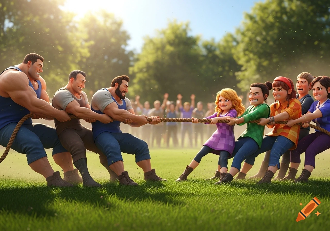 Cartoon characters engage in a tug-of-war competition between muscular men and determined women on a sunny grassy field.