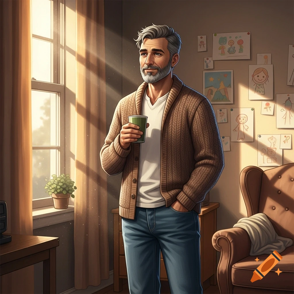 Illustrated man with grey hair and beard, wearing a brown cardigan, holding a green cup and looking out a sunlit window in a cozy room with kids' drawings.