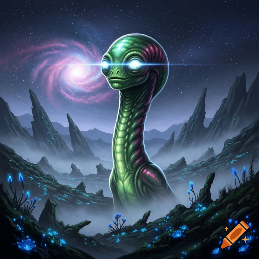A tall, green alien with glowing eyes stands on a mystical alien planet under a swirling galaxy in the night sky.