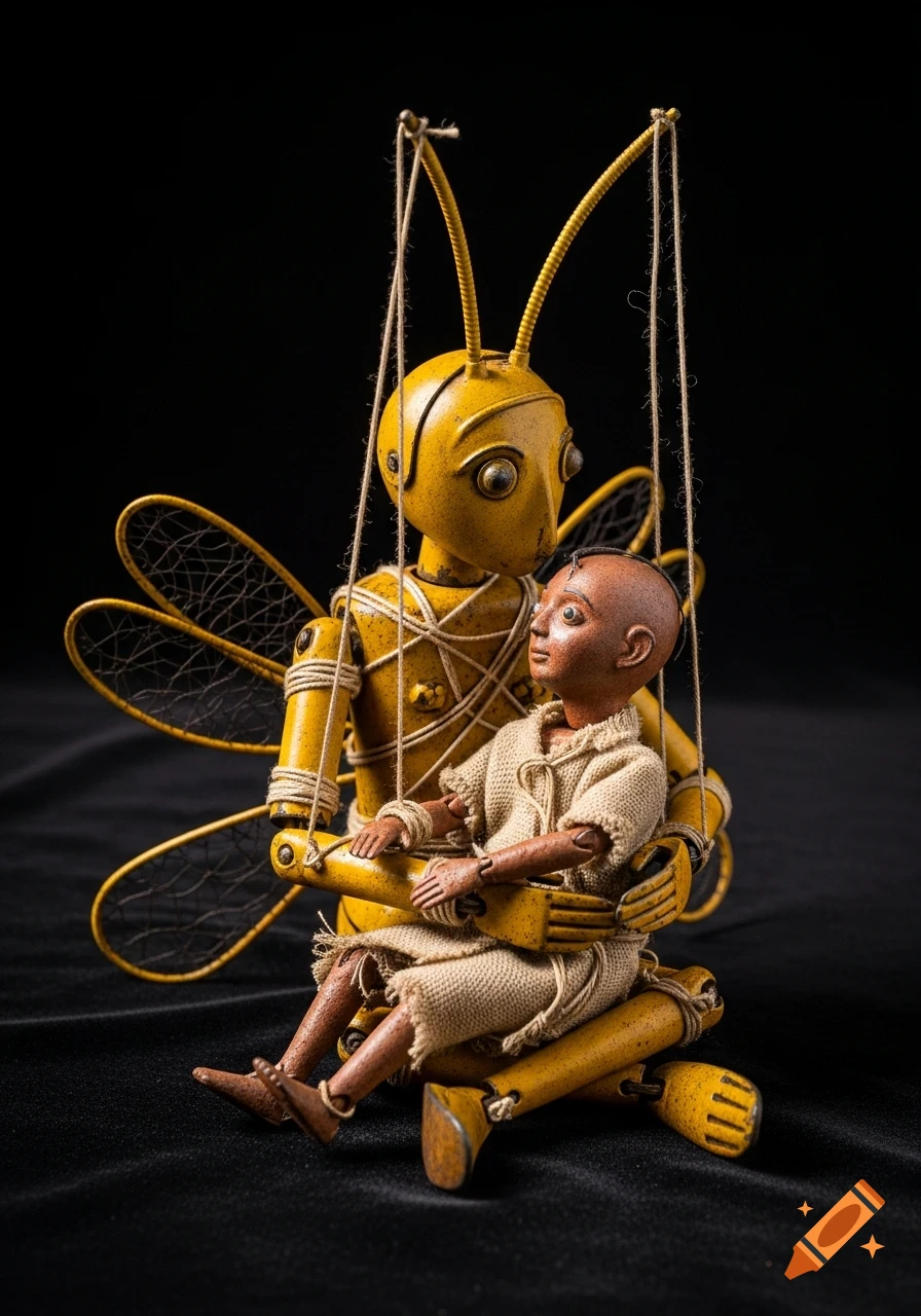 High-quality photo of a yellow metal bee marionette embracing a smaller, human-like metal marionette against a black background.