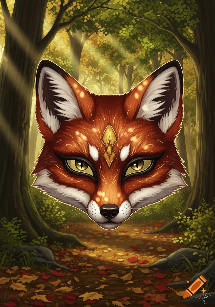 Stylized red fox head with golden markings against a sunlit autumn forest background in a fantasy art style.