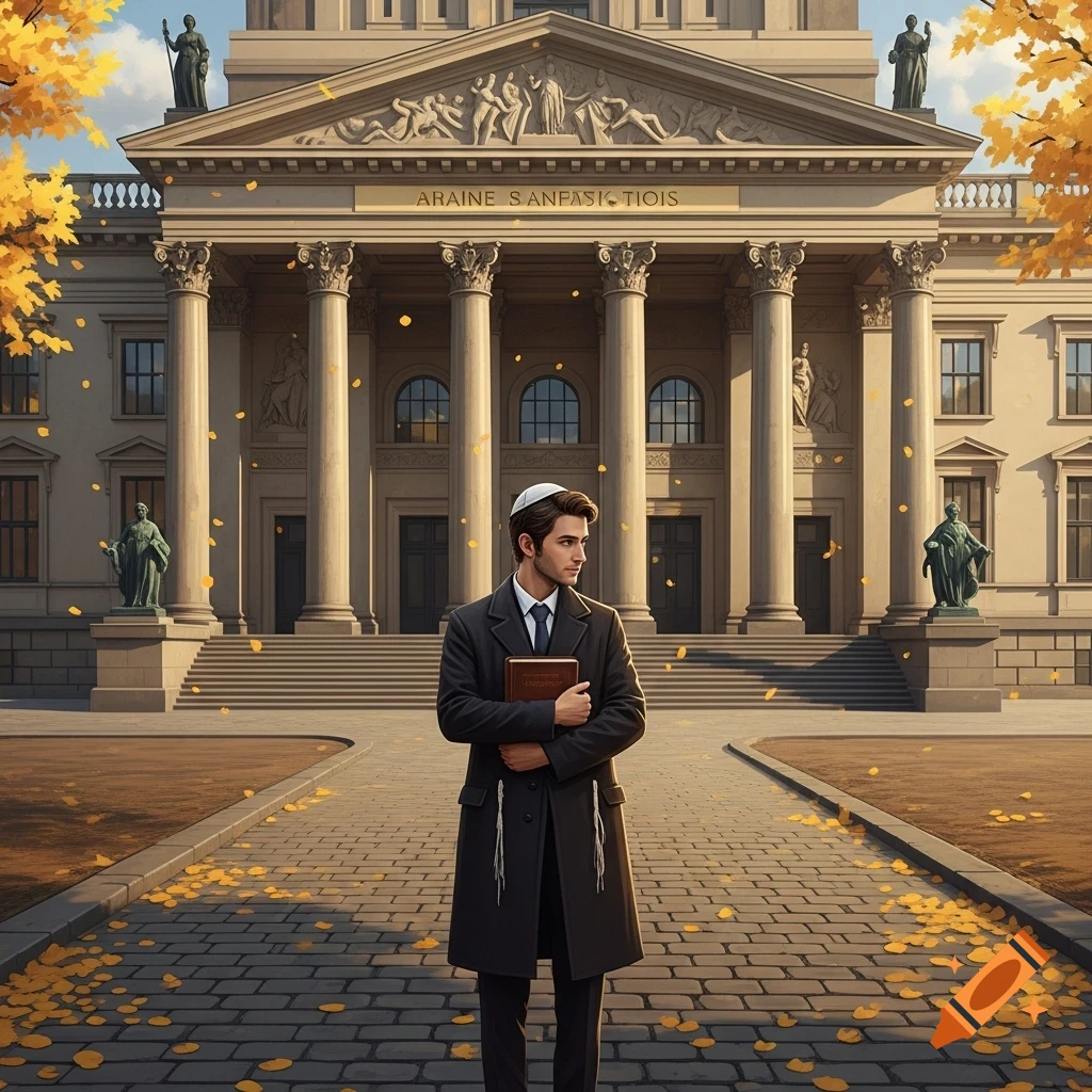 A Jewish student in a dark coat and kippah holds a book, standing on a leaf-strewn path in front of a grand university building.