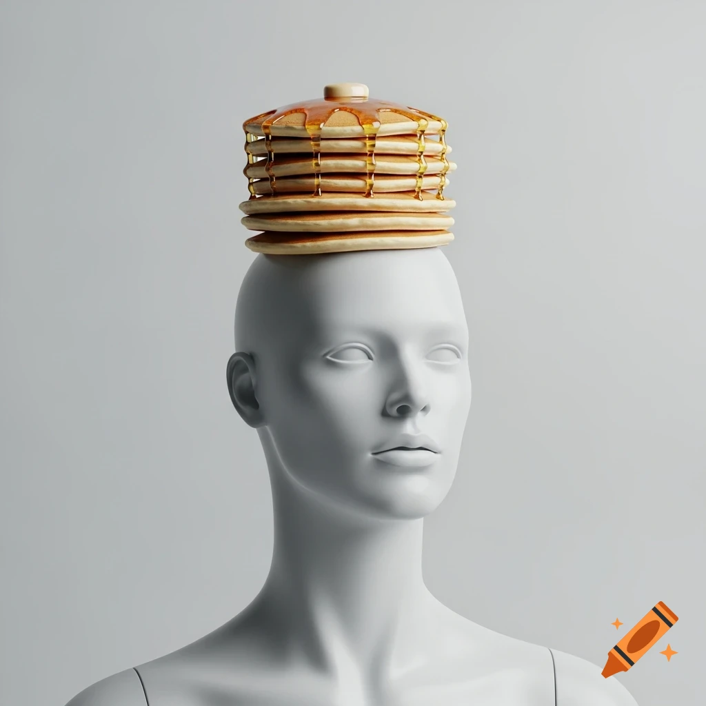 White mannequin bust with a stack of syrup-covered pancakes balanced on its head, against a plain gray background.