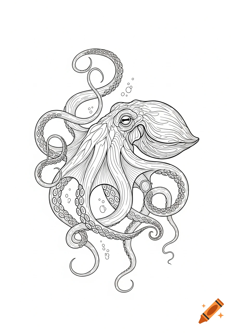 Line art illustration of an octopus with intricate details and flowing tentacles against a white background.