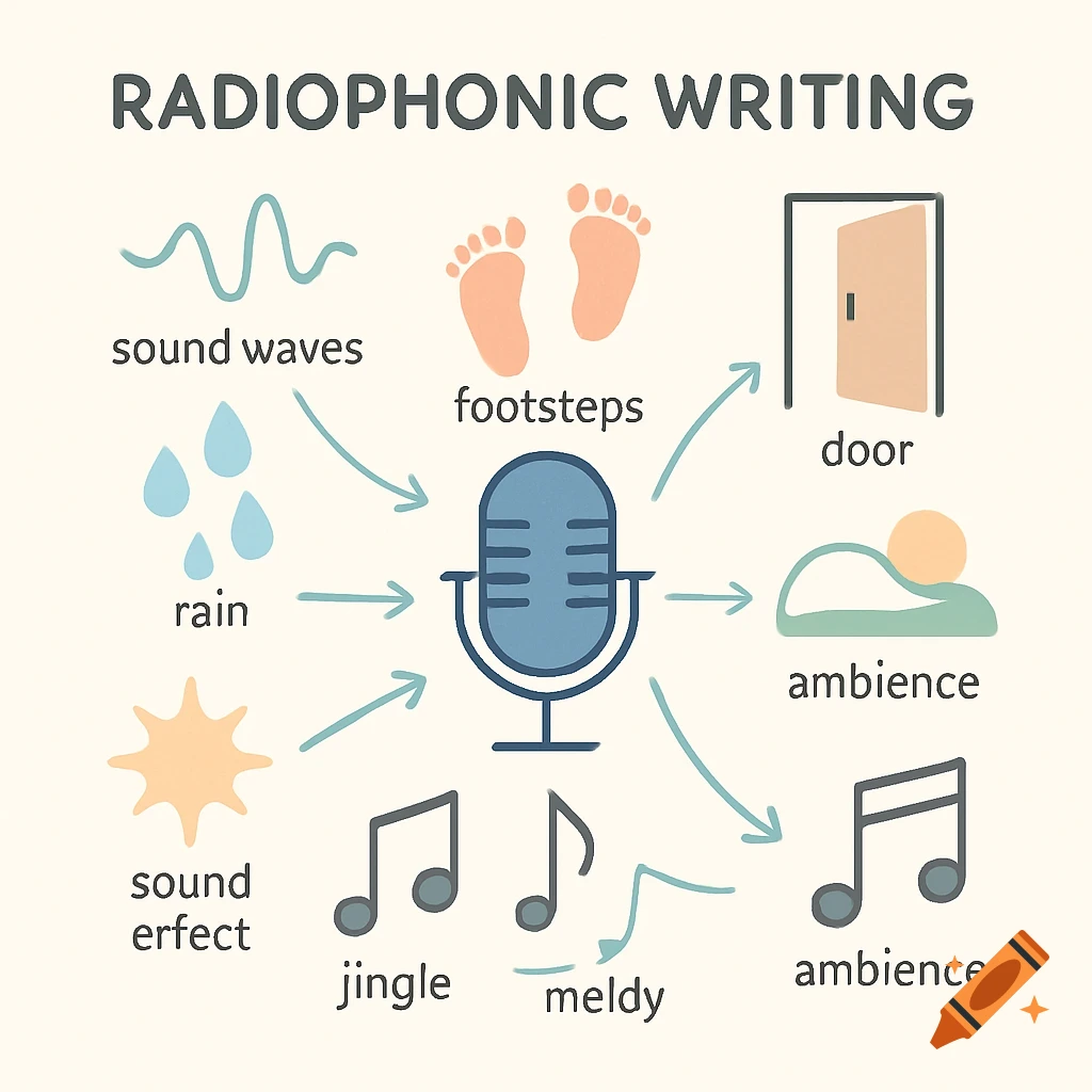 A simple diagram about radiophonic writing, showing a microphone at the center connected by arrows to icons of sound waves, footsteps, rain, a starburst (sound effect), musical notes (jingle and melody), a door, and ambiance.