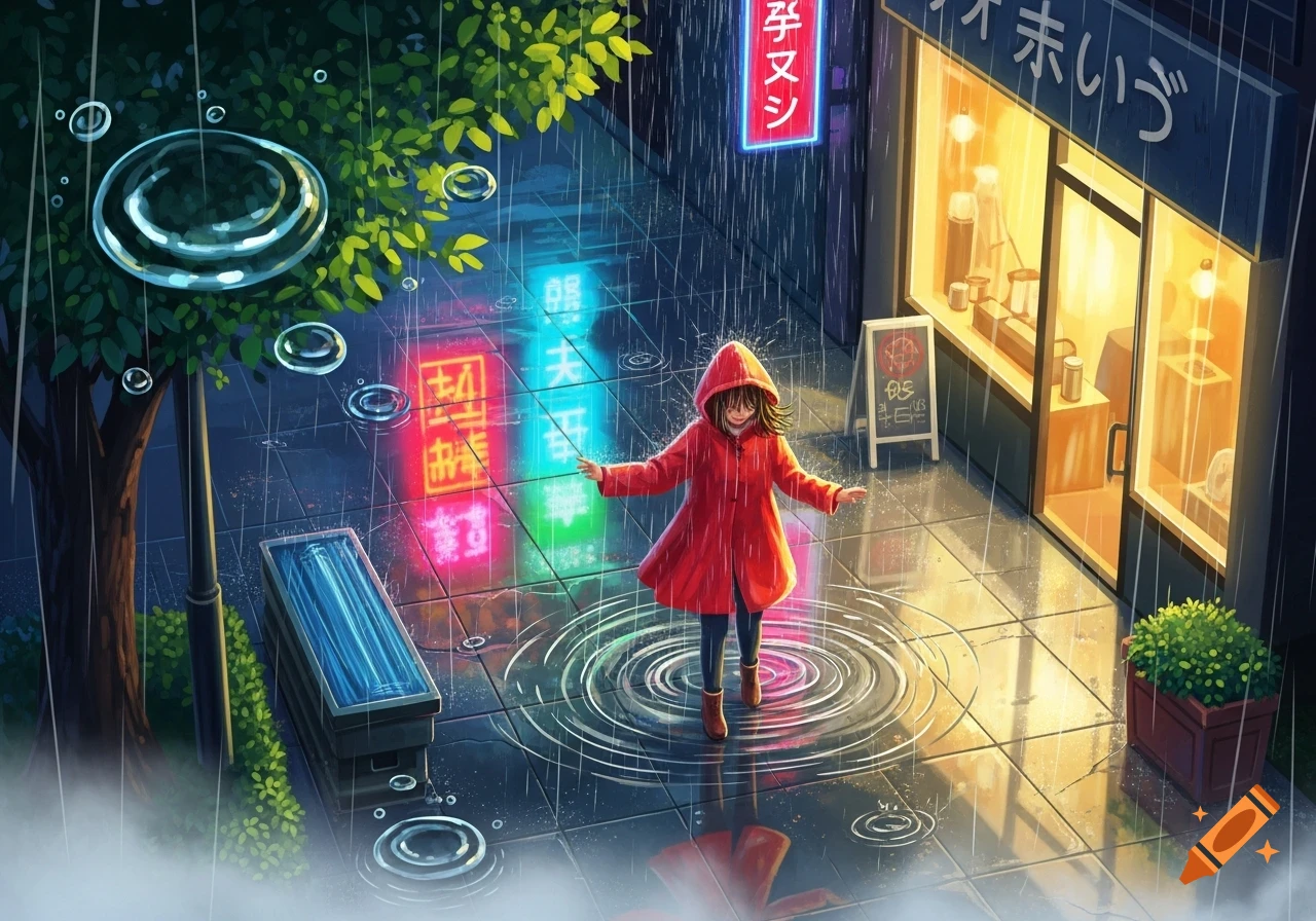 An anime-style illustration of a child in a red raincoat standing in a puddle on a rainy city street at night, with neon signs and storefronts.
