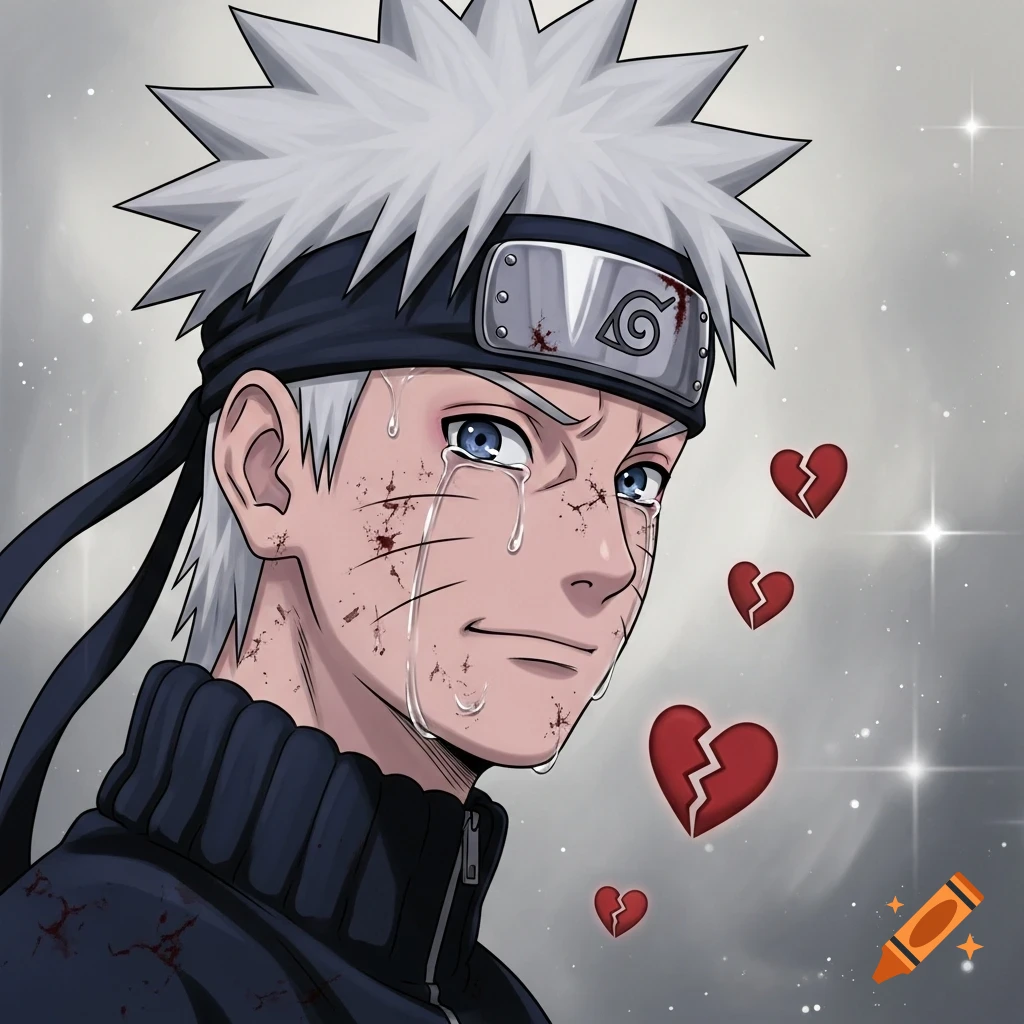 Sad anime character with white spiky hair, tears, blood spatters on face and jacket, and broken red hearts floating around them.