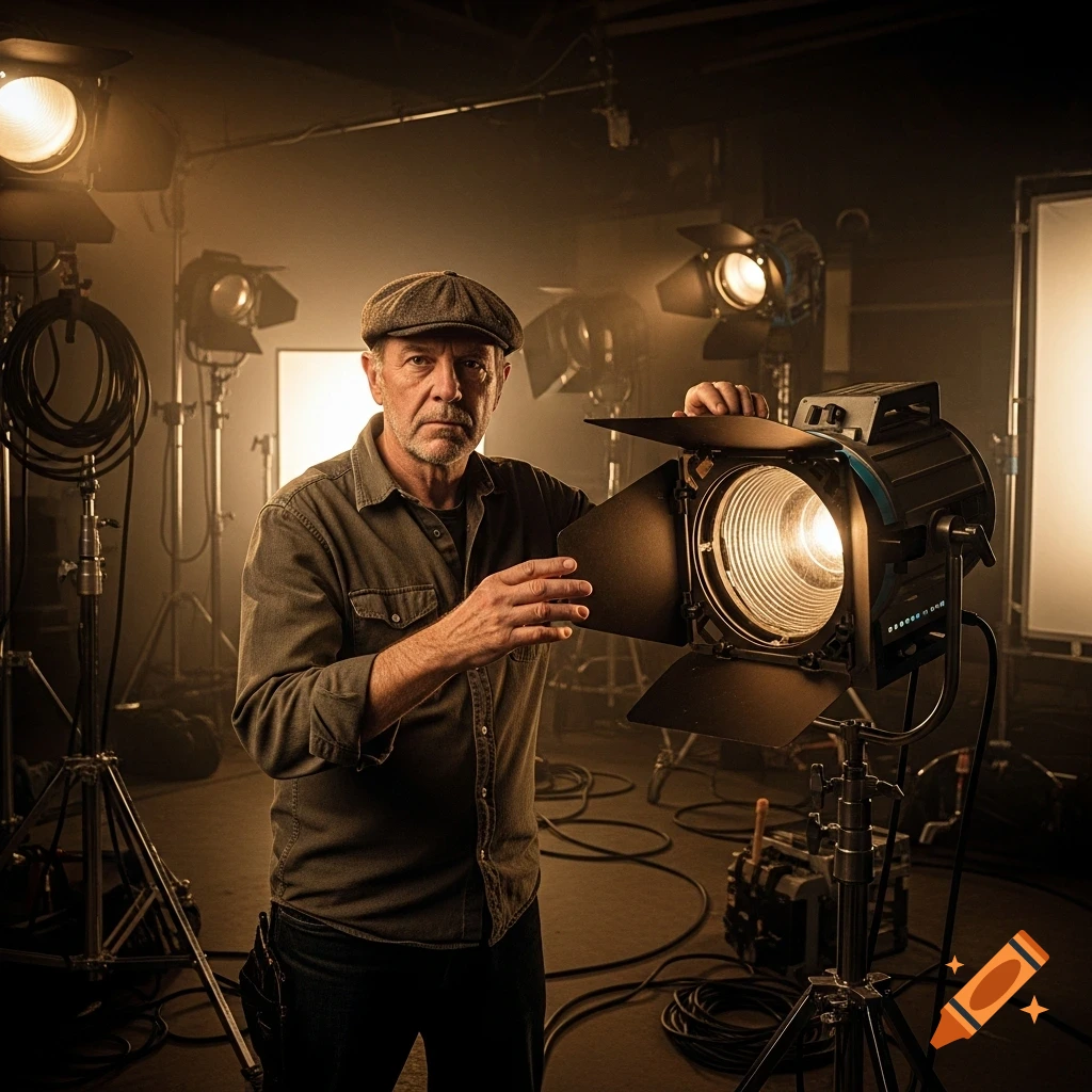 A male gaffer in a cap and shirt adjusts a large studio light on a film set, surrounded by equipment, photorealistic.