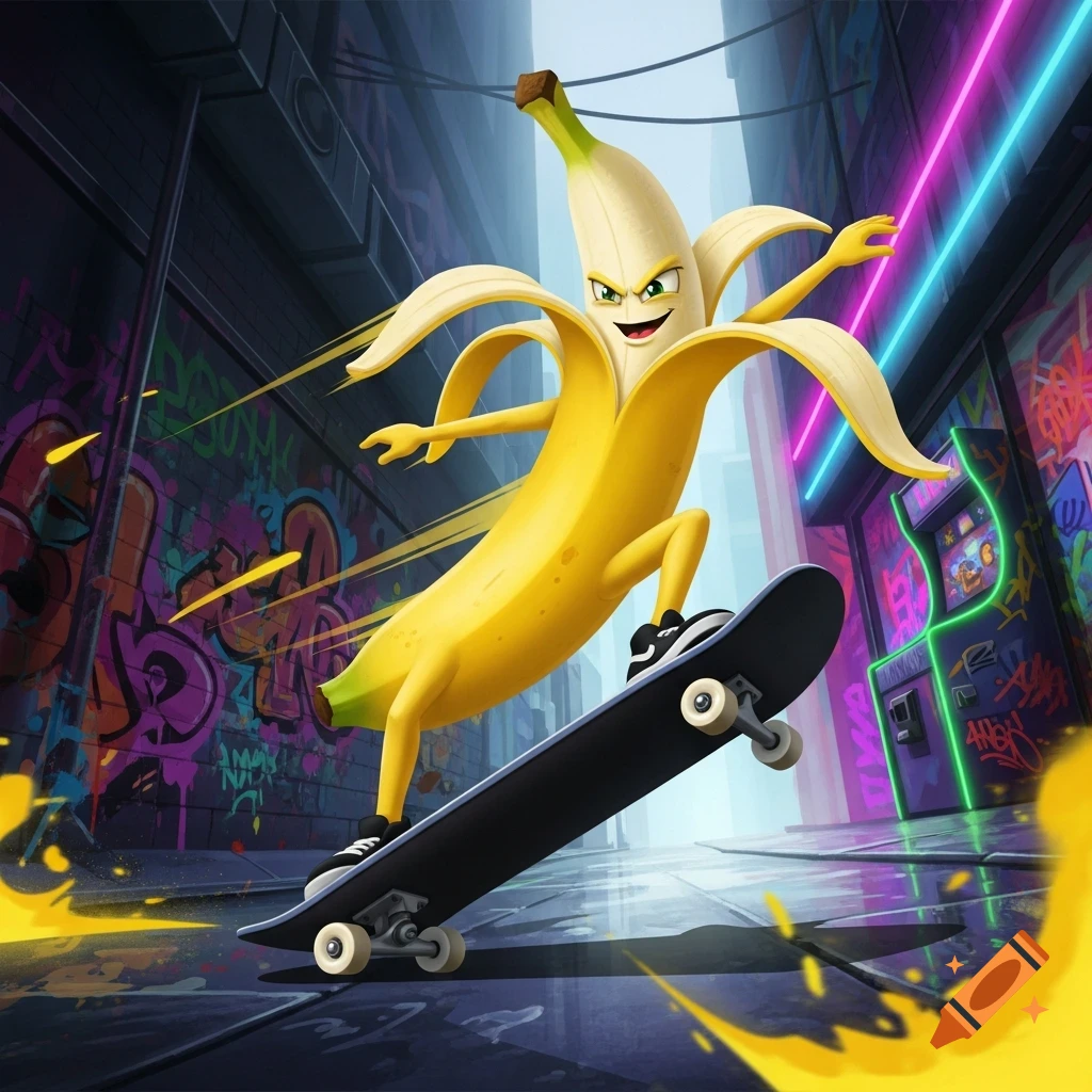 A cartoon banana character with a peeled top is performing a skateboarding trick in a vibrant, graffiti-covered urban alley with neon lights and arcade machines.