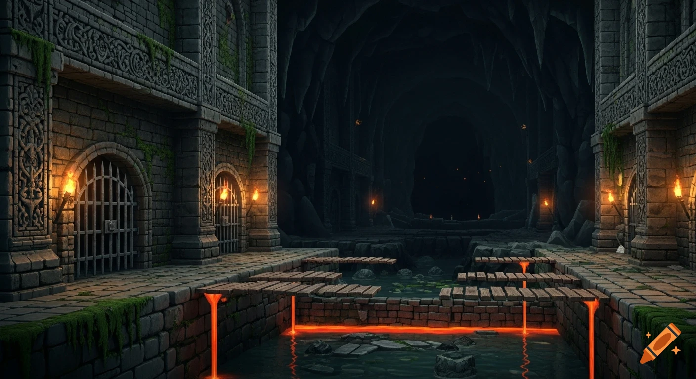 A detailed, dimly lit dungeon scene with stone architecture, torchlight, grated gates, wooden platforms over water, and glowing orange liquid flowing into the water.