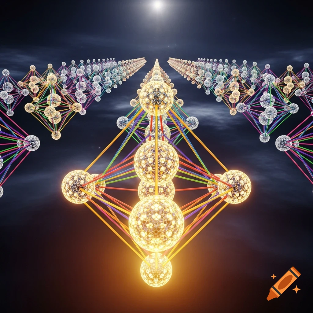 Abstract geometric structures made of glowing, textured spheres connected by colorful lines, arranged in rows receding into a dark, cloudy sky.