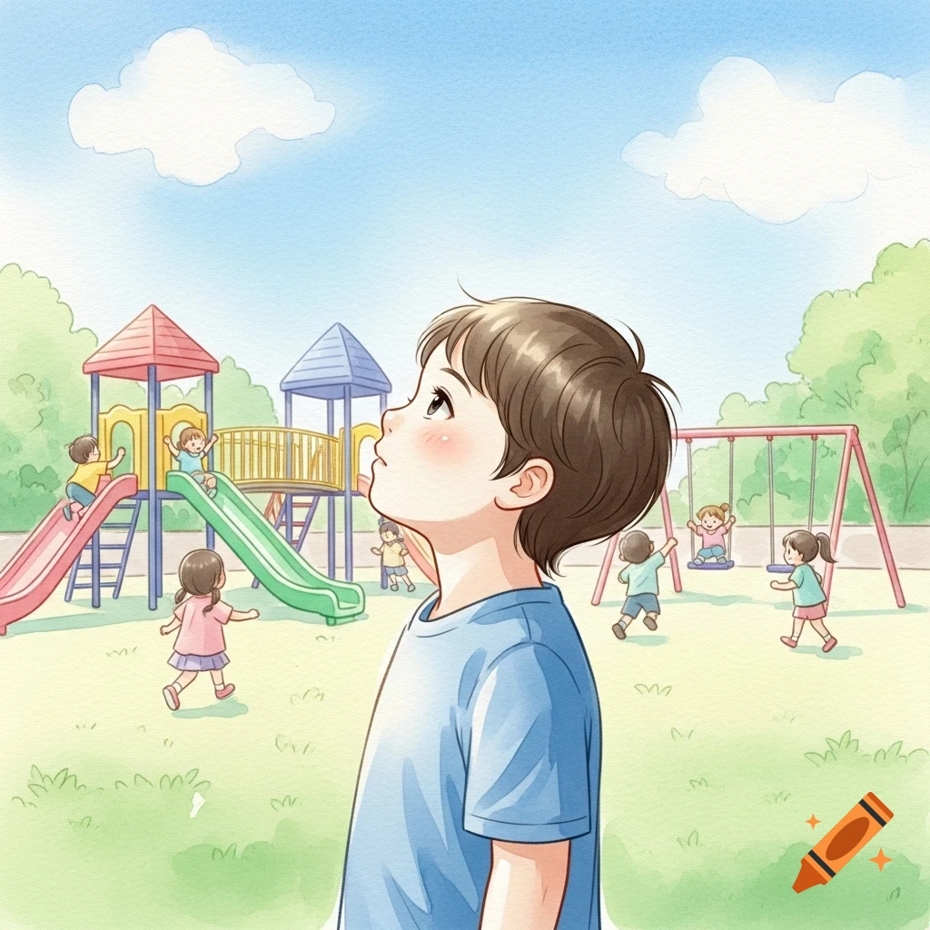 A boy looks up at the sky in a watercolor playground scene, with other children playing on slides and swings behind him.