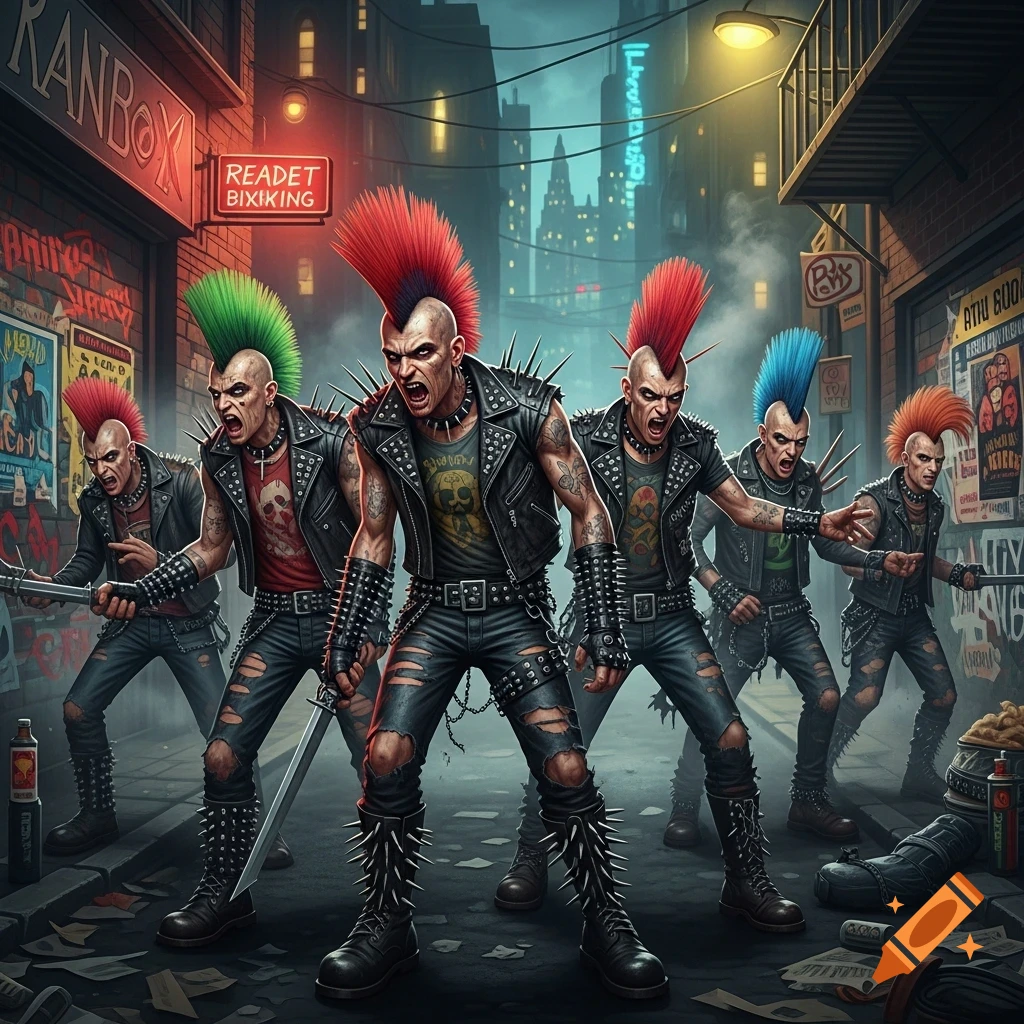 A group of aggressive punk rock hooligans with colorful mohawks, studded jackets, and ripped jeans pose in a dark, gritty urban alleyway at night in a stylized illustration.