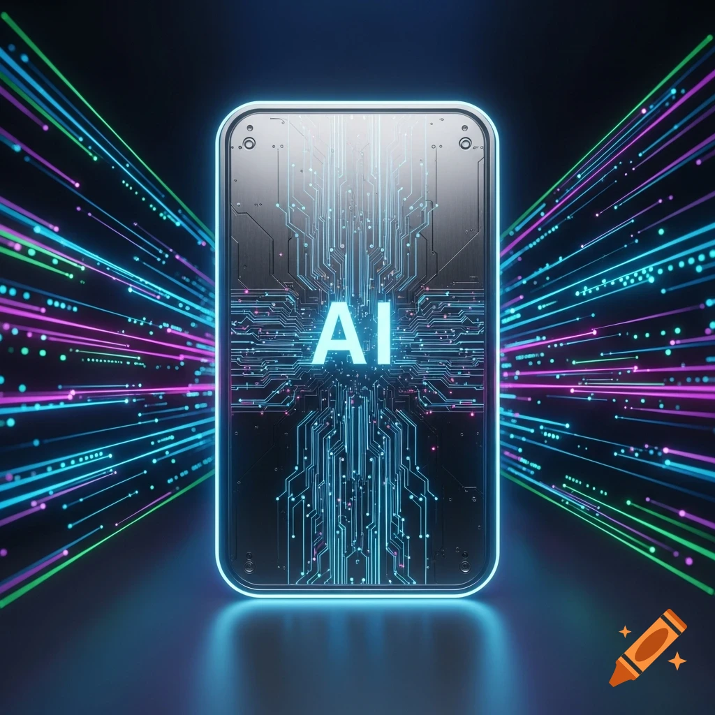 A glowing 'AI' logo on a circuit board within a rectangular frame, surrounded by neon data streams in a dark setting.
