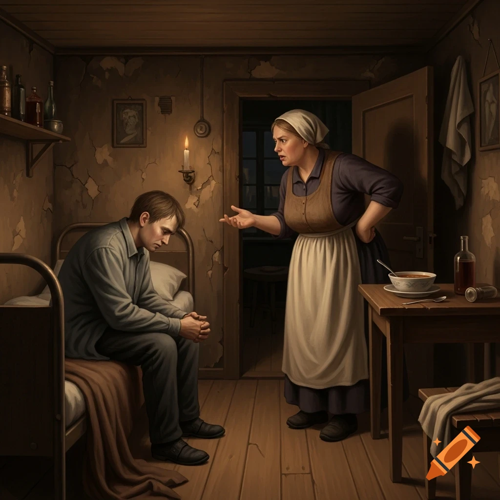 In a dim 19th-century room, a woman in an apron scolds a distraught man sitting on a bed, in a realistic painting style.