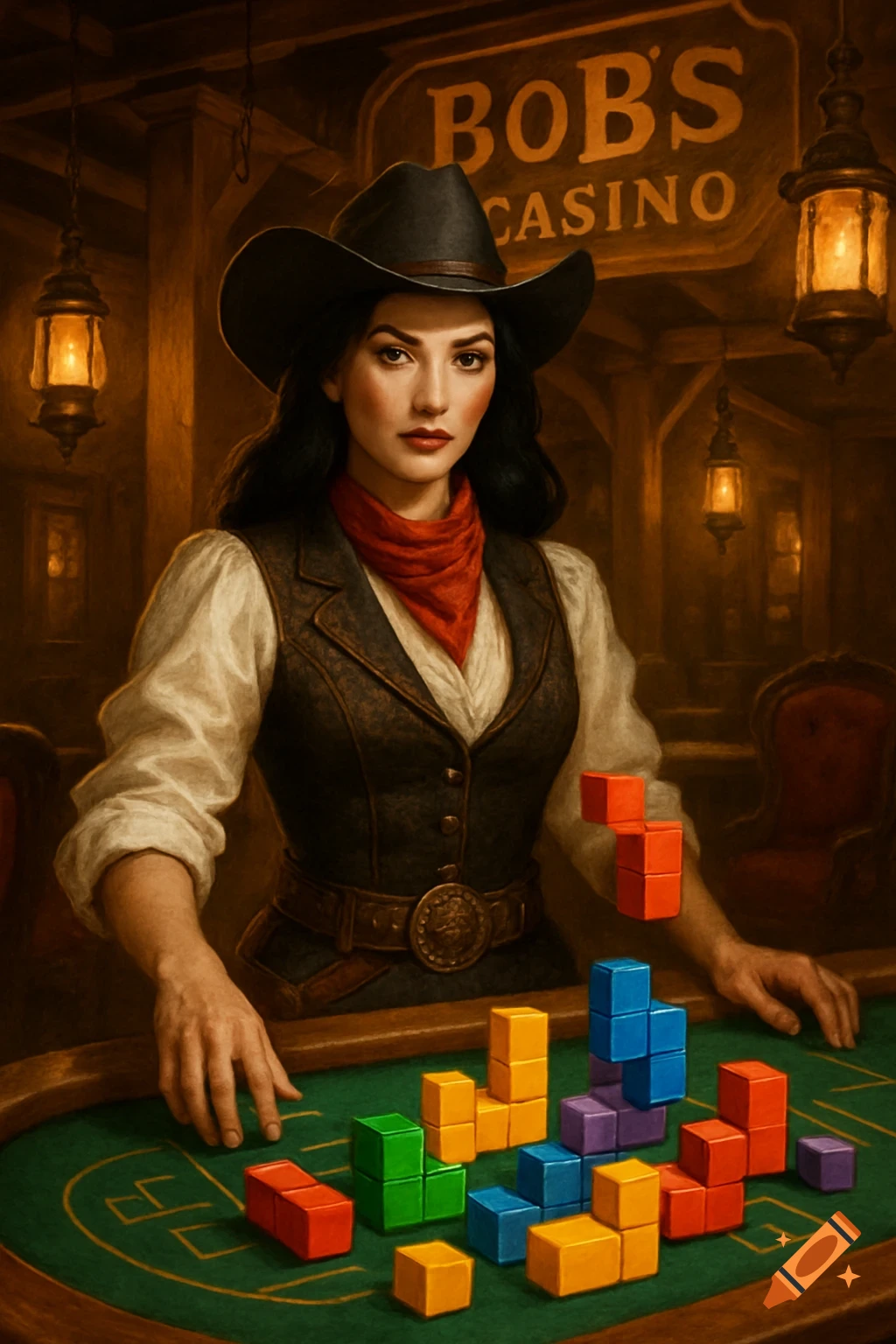 A dark-haired woman in a cowboy hat and western attire sits at a green casino table, playing with colorful Tetris-like blocks, under a "BOBS CASINO" sign.