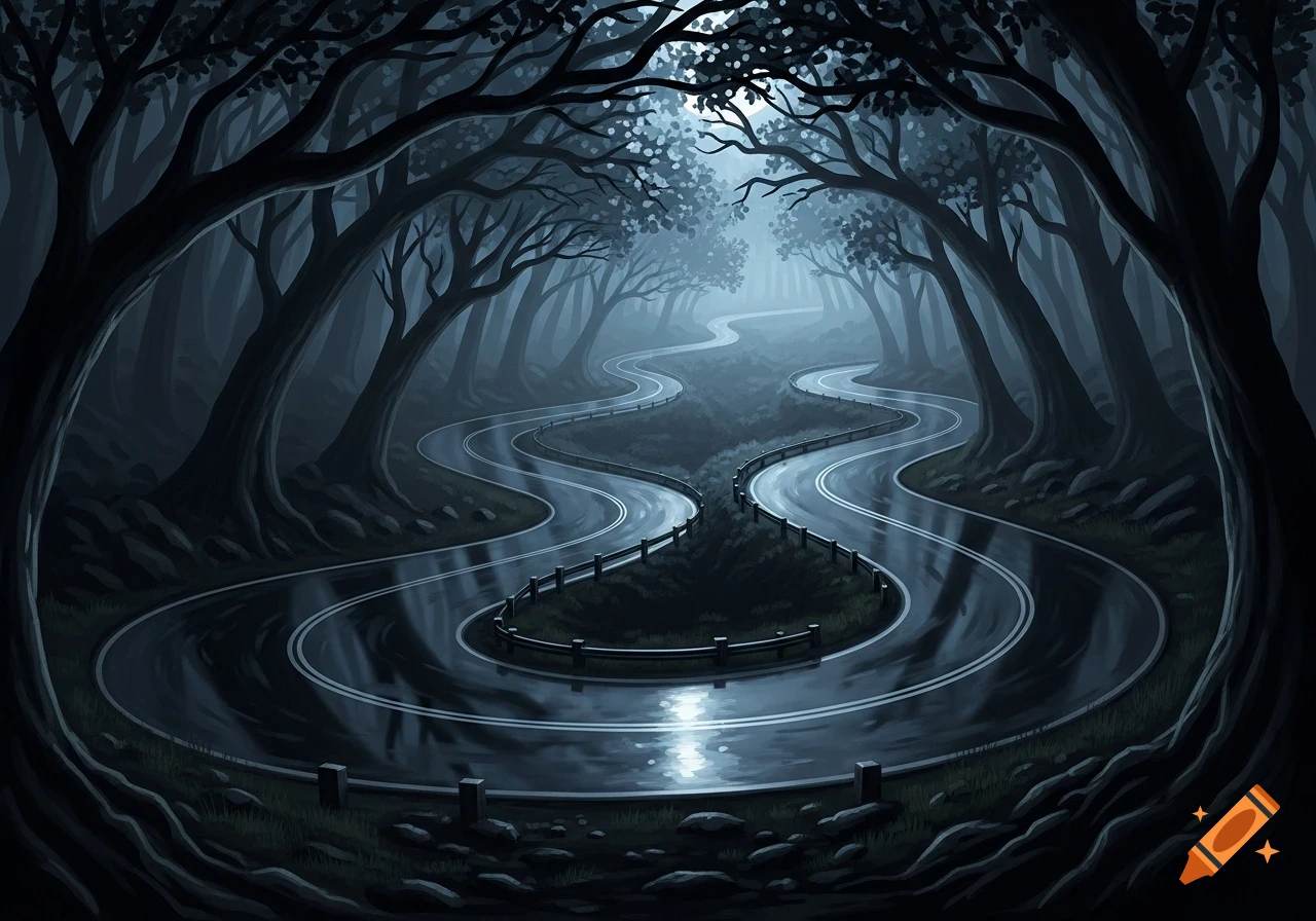 A dark, winding road reflecting light, disappears into a misty forest of silhouetted trees, in an illustrative style.