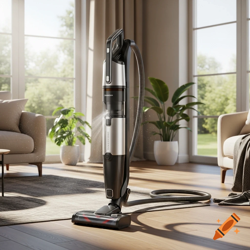 A modern, sleek black and silver vacuum cleaner stands on a wooden floor in a sunlit living room with plants.