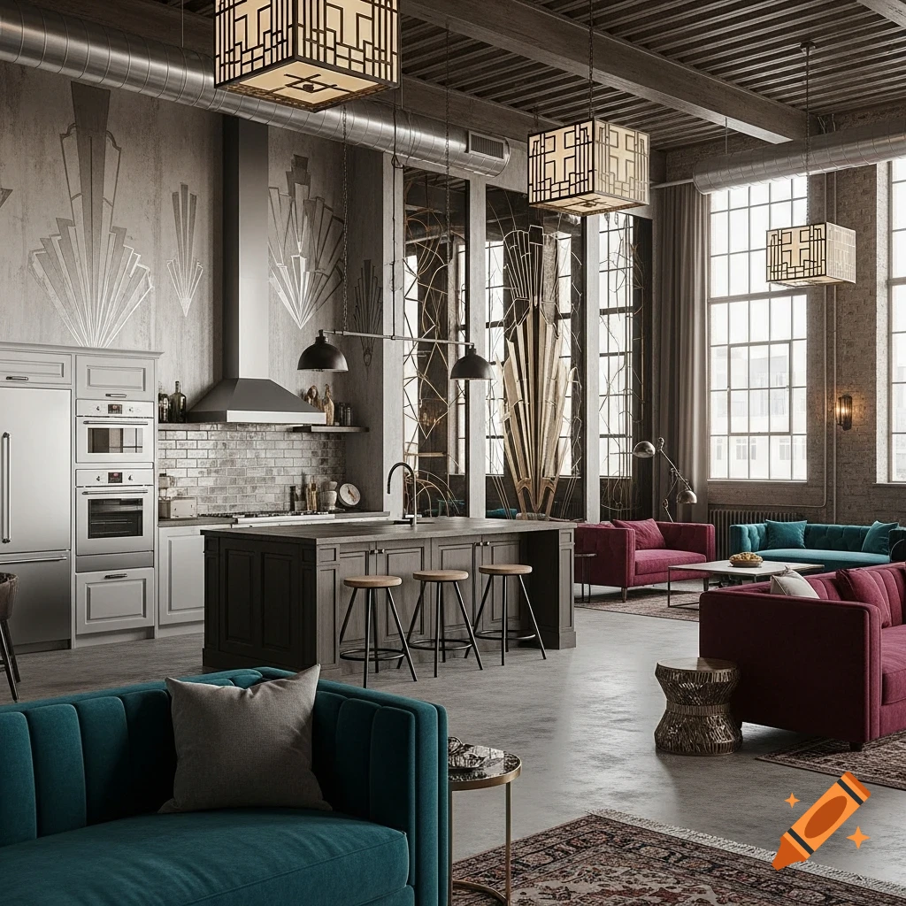 Spacious Art Deco and industrial style open-plan living room and kitchen with teal and crimson sofas, a kitchen island, and large windows.