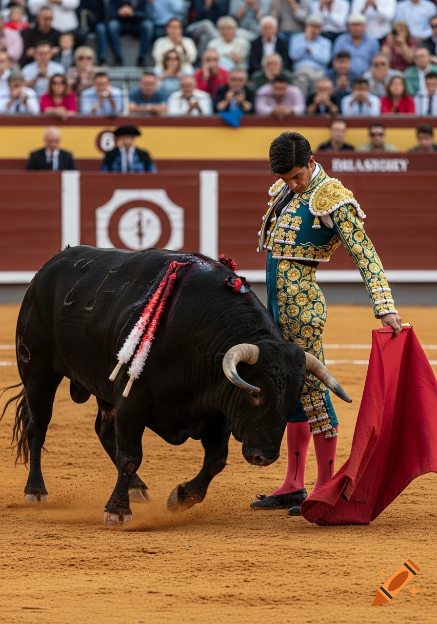 A matador in an ornate teal and gold suit stands with a red cape near a black bull with banderillas in its back in a bullring.