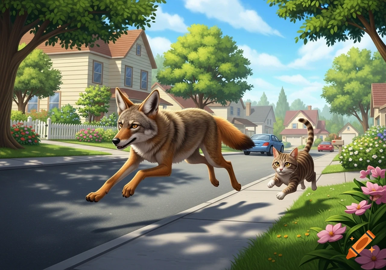 Illustrated cartoon of a coyote running on a sunny residential street, being chased by a small tabby cat.