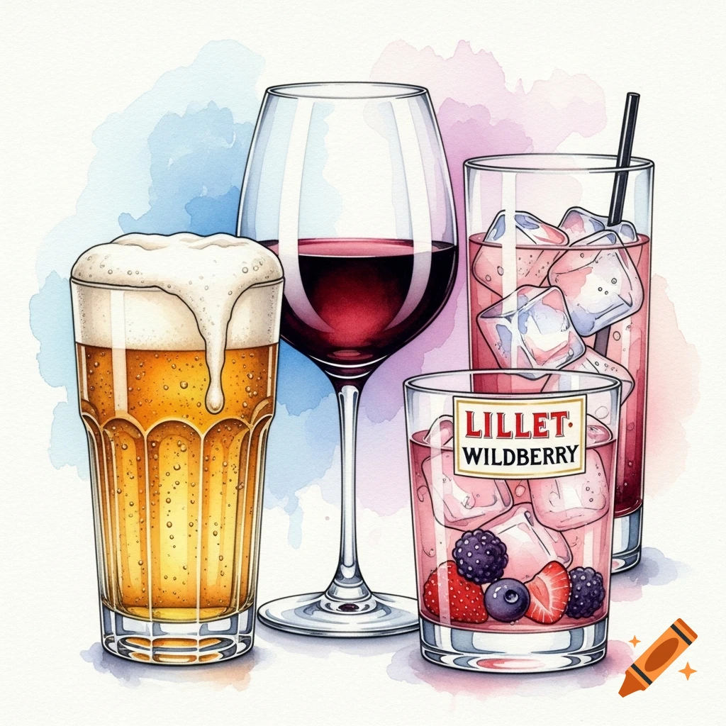 Watercolor illustration of various alcoholic drinks including a beer, a glass of red wine, an iced long drink, and a Lillet Wildberry cocktail with berries.
