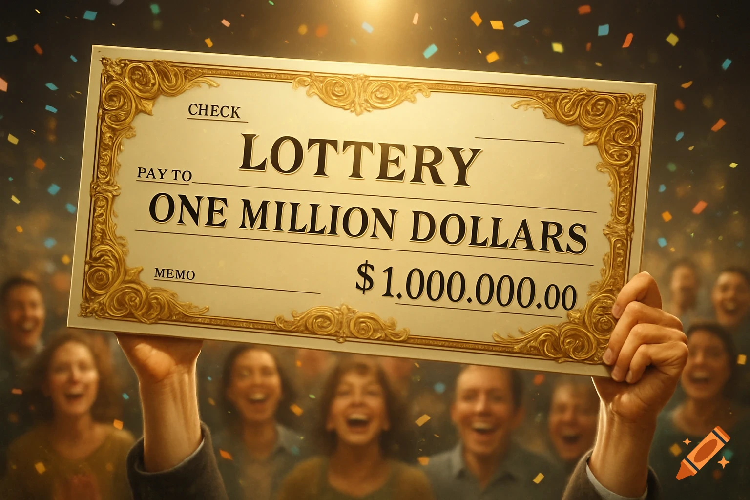 A person holds up a giant lottery check for 'ONE MILLION DOLLARS' against a backdrop of cheering, blurry people and falling confetti.