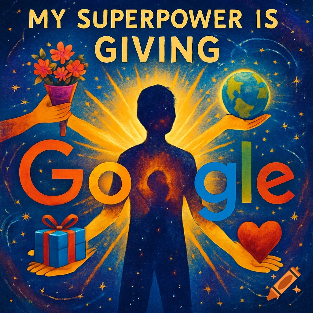 A stylized illustration features a glowing human silhouette with hands holding a globe, flowers, a gift, and a heart. Text reads 'MY SUPERPOWER IS GIVING Google' against a starry blue background.