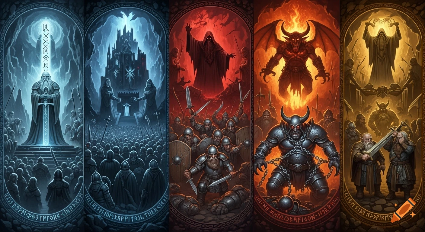 An epic dwarven wall mural, divided into five panels, depicting a saga with glowing runes, warriors, a warlock, and a chained demon in cool blues, infernal reds, and warm golds.