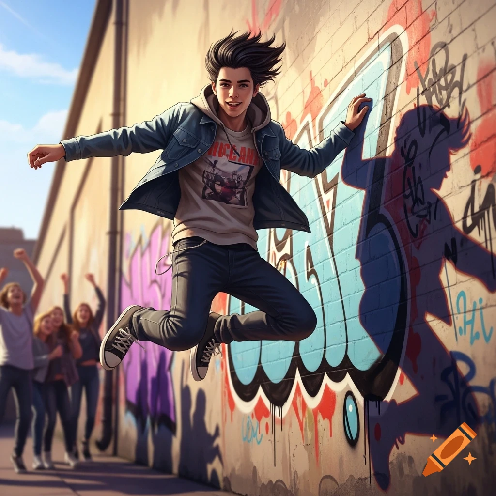 A teenage boy with dark spiky hair jumps in front of a graffiti-covered brick wall, smiling. Other blurry teenagers cheer in the background. Anime art style.