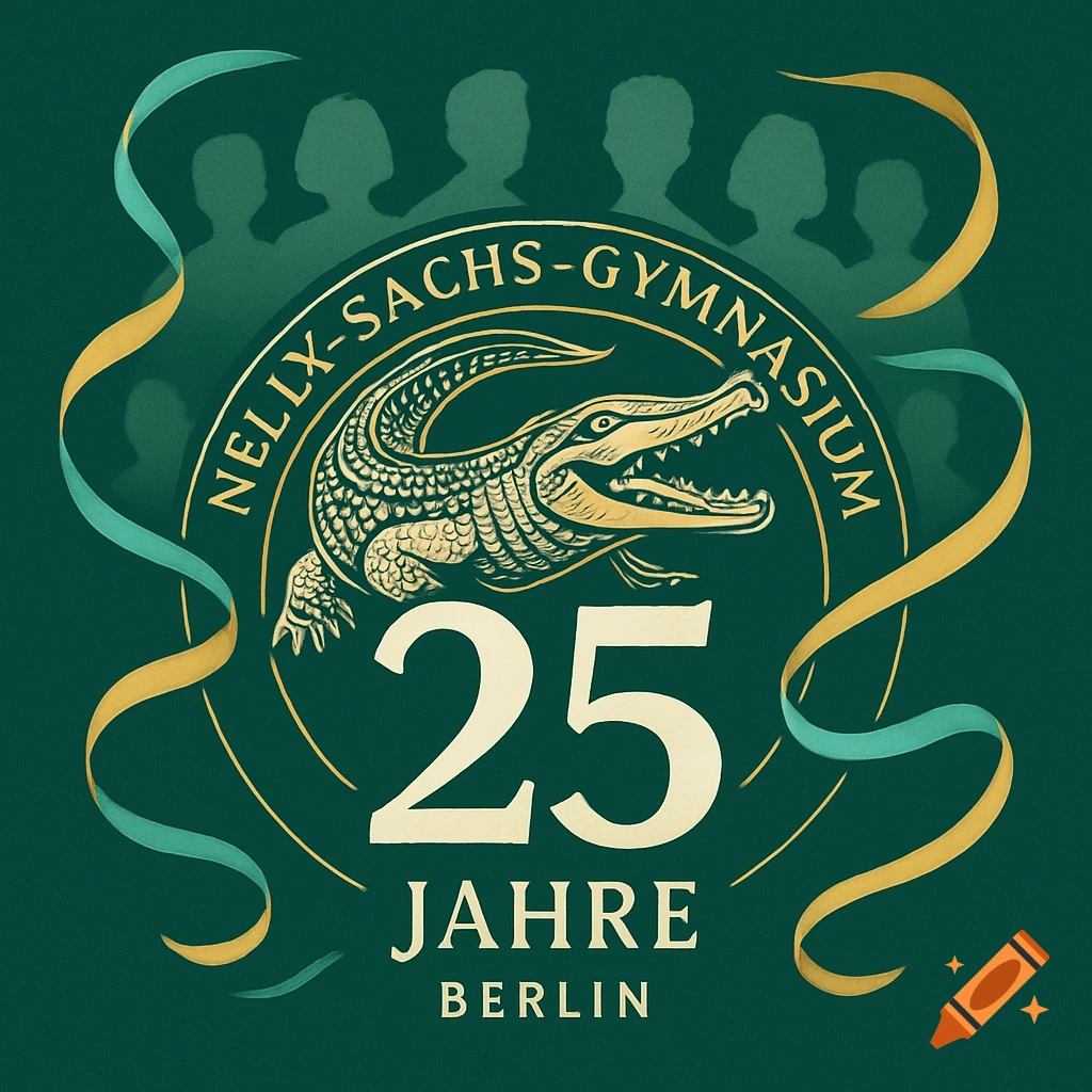 Green and gold logo for Nelly-Sachs-Gymnasium Berlin with a crocodile, the number 25, and ribbons, celebrating '25 JAHRE'.