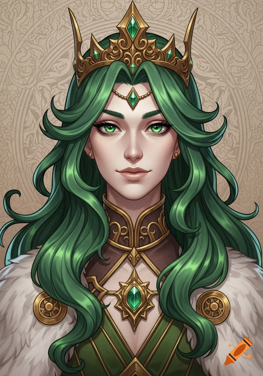 Highly detailed fantasy illustration of an androgynous monarch with vibrant green hair, piercing green eyes, and a golden crown with emeralds.