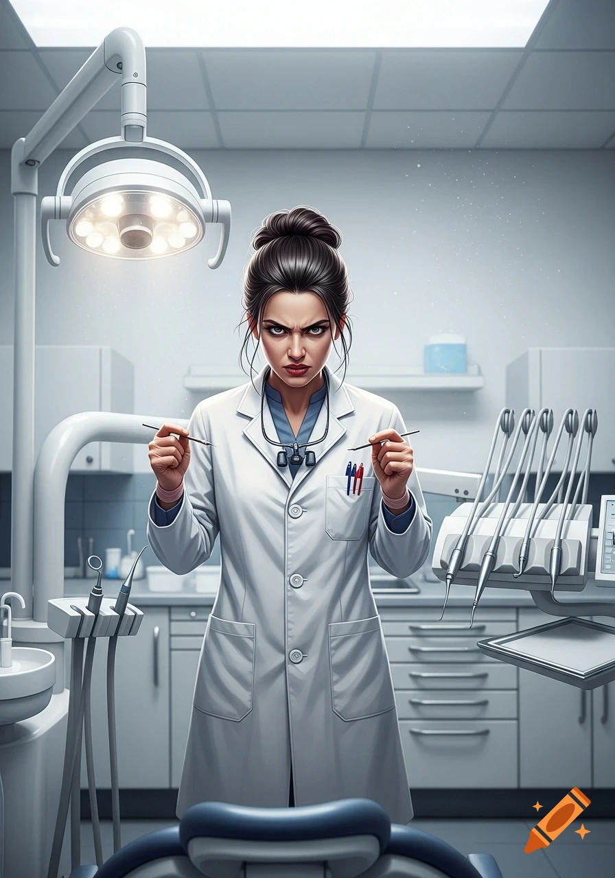 An angry female dentist in a white lab coat holds dental tools in a bright dental office.