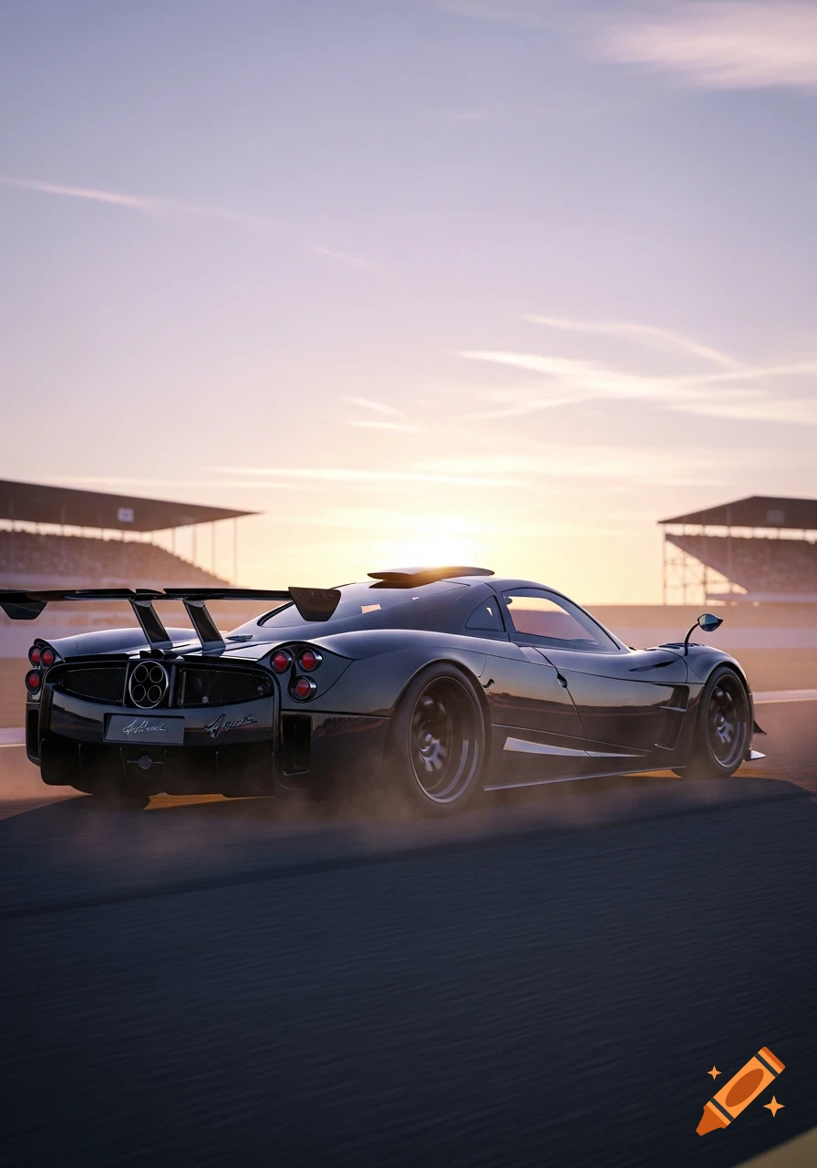 A black Pagani hypercar speeds on a track at sunset, leaving a trail of dust, with grandstands in the background.