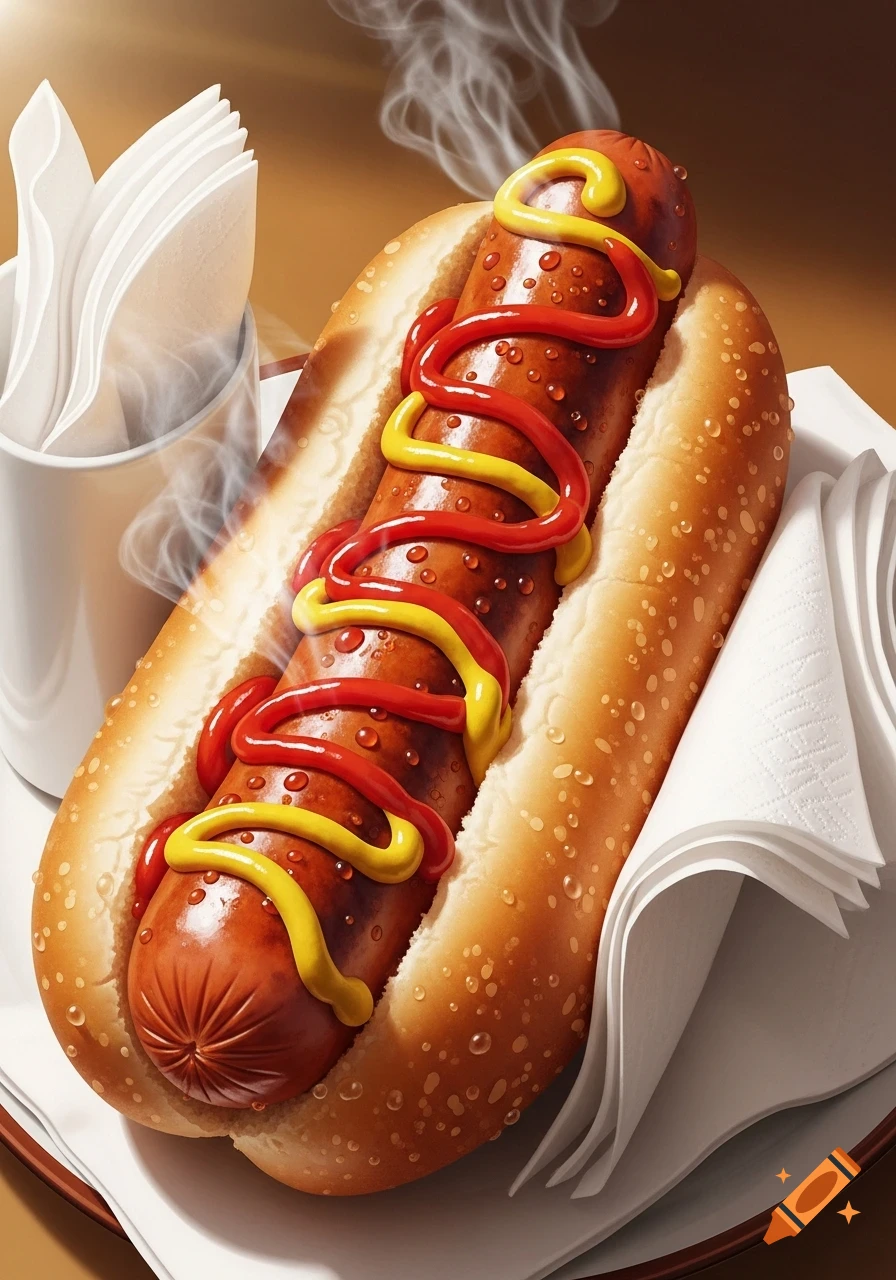 A steaming, photorealistic hot dog in a bun, topped with red ketchup and yellow mustard, with white napkins.