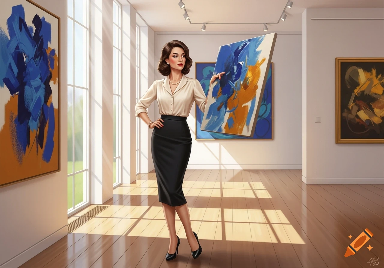 A woman in a cream blouse and black skirt stands in a modern art gallery, holding an abstract blue and orange painting.