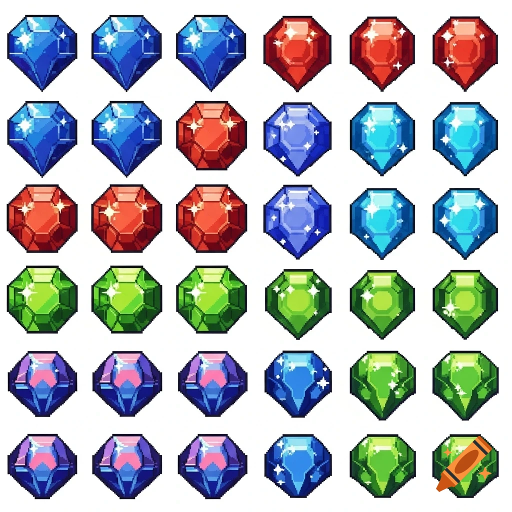 A grid of various colorful pixel art crystals and gems, resembling a 16-bit sprite sheet.