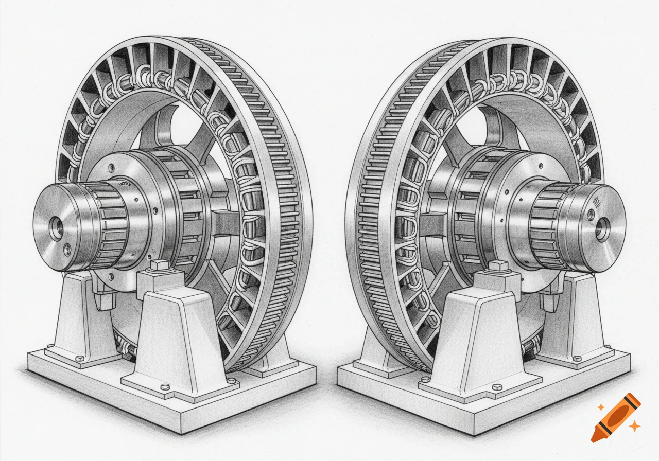 A detailed pencil drawing showing two identical permanent magnet synchronous machine rotors on stands, with intricate internal components.
