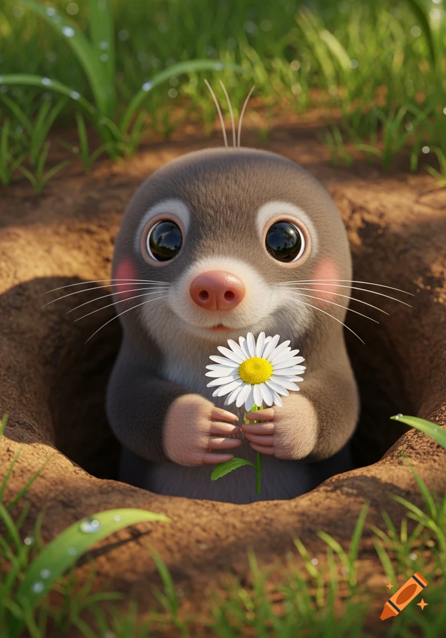 A cute 3D animated mole with rosy cheeks and big eyes peeks from a dirt hole, holding a white daisy flower.