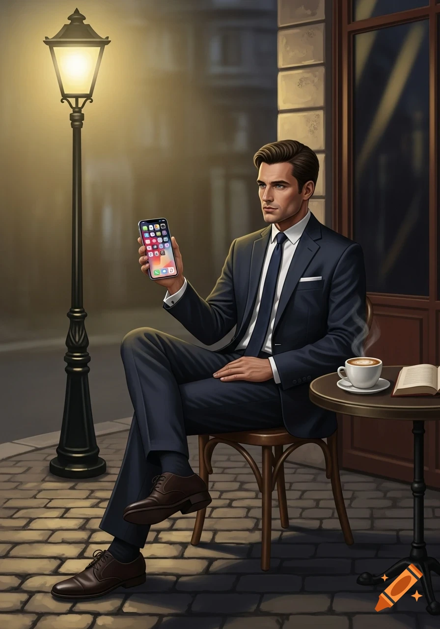 A stylish man in a dark suit sits at an outdoor cafe table, holding up a smartphone under a glowing street lamp.