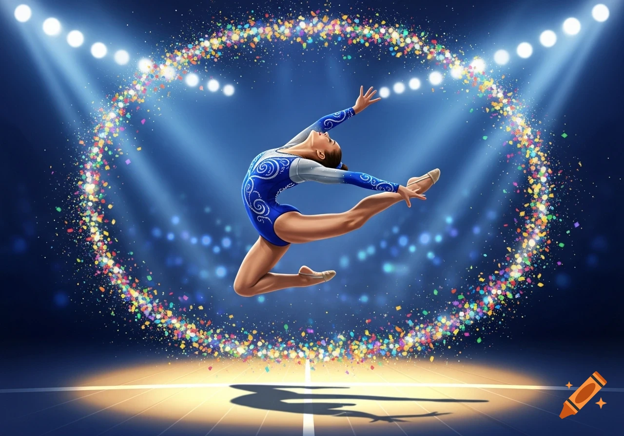 A female gymnast in a blue leotard performs a leap under bright spotlights, surrounded by a shimmering arc of colorful particles.