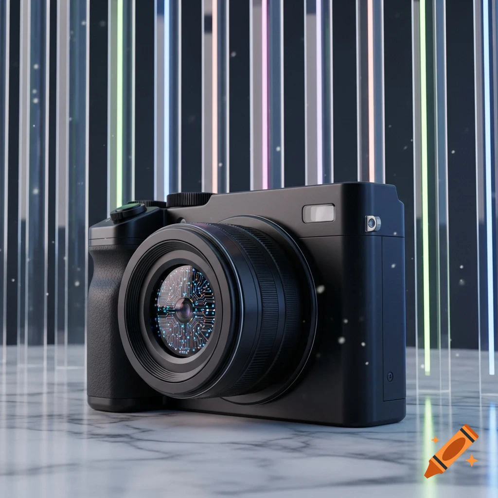 A black digital camera with a circuit board design in its lens, on a marble surface with colorful neon lights.