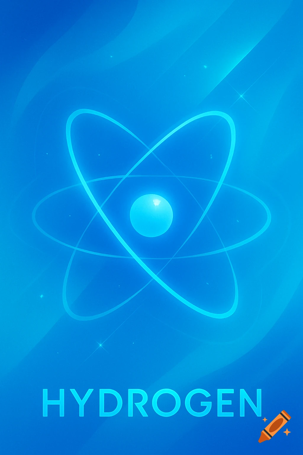 A blue abstract illustration of a glowing atom model with orbital rings, and the word 'HYDROGEN' below it.