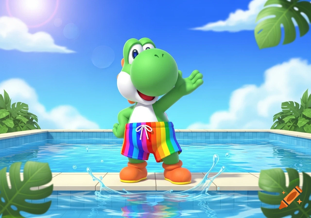 Yoshi in rainbow swim trunks standing by a bright blue swimming pool with palm leaves under a sunny sky.