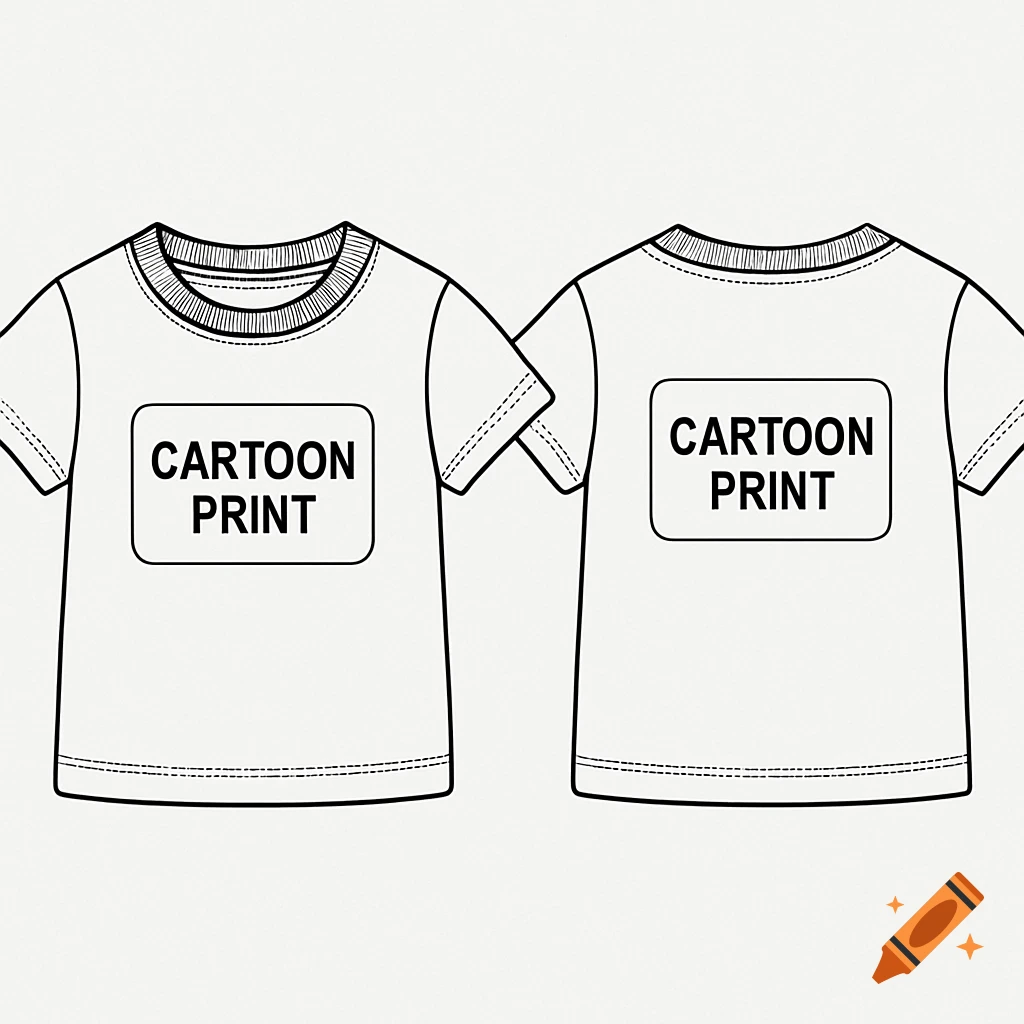 Line art illustration of a white kids' t-shirt, front and back, with 'CARTOON PRINT' labeled on each.