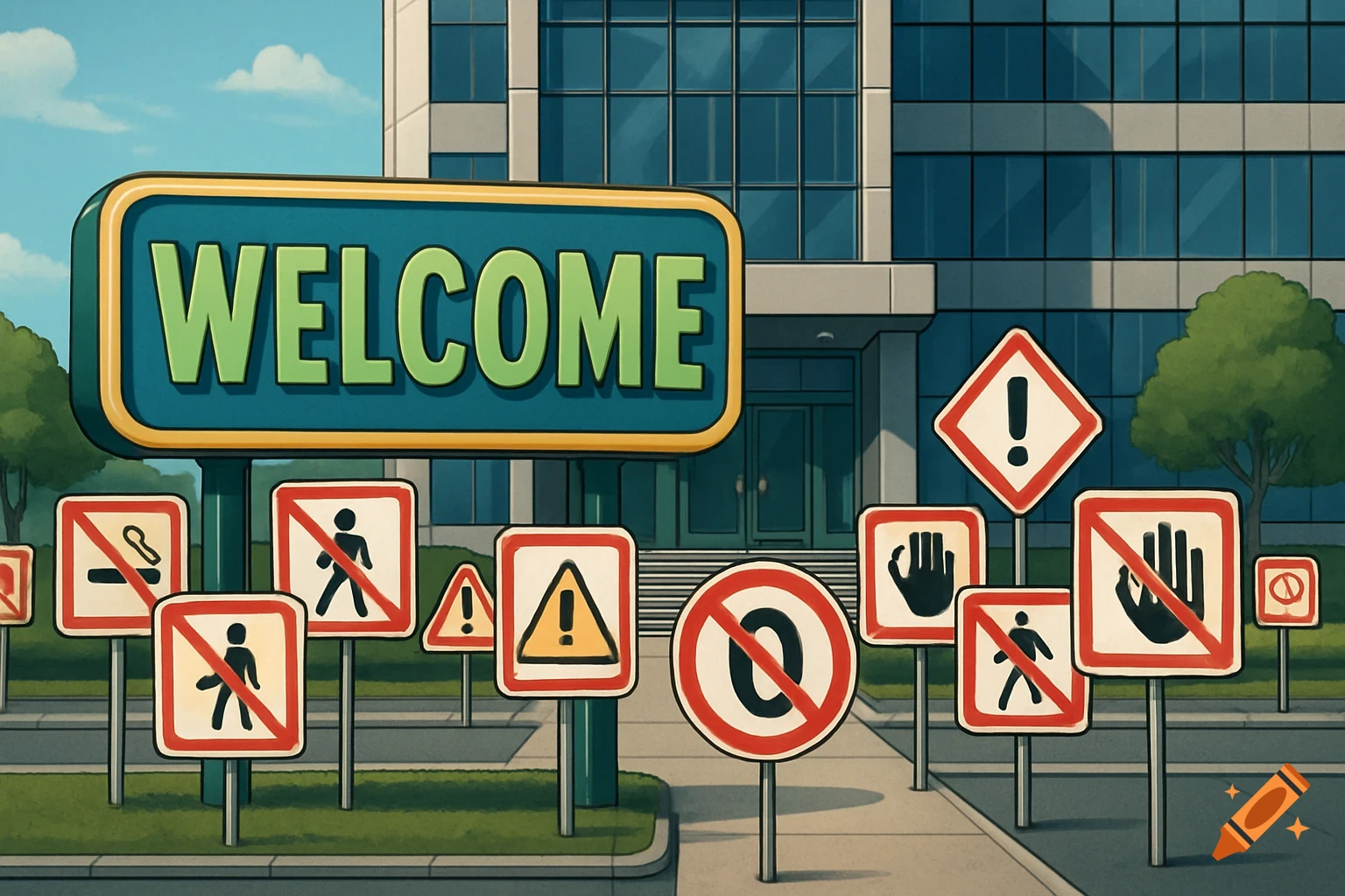 Illustration of a large "WELCOME" sign and many warning signs in front of an office building.